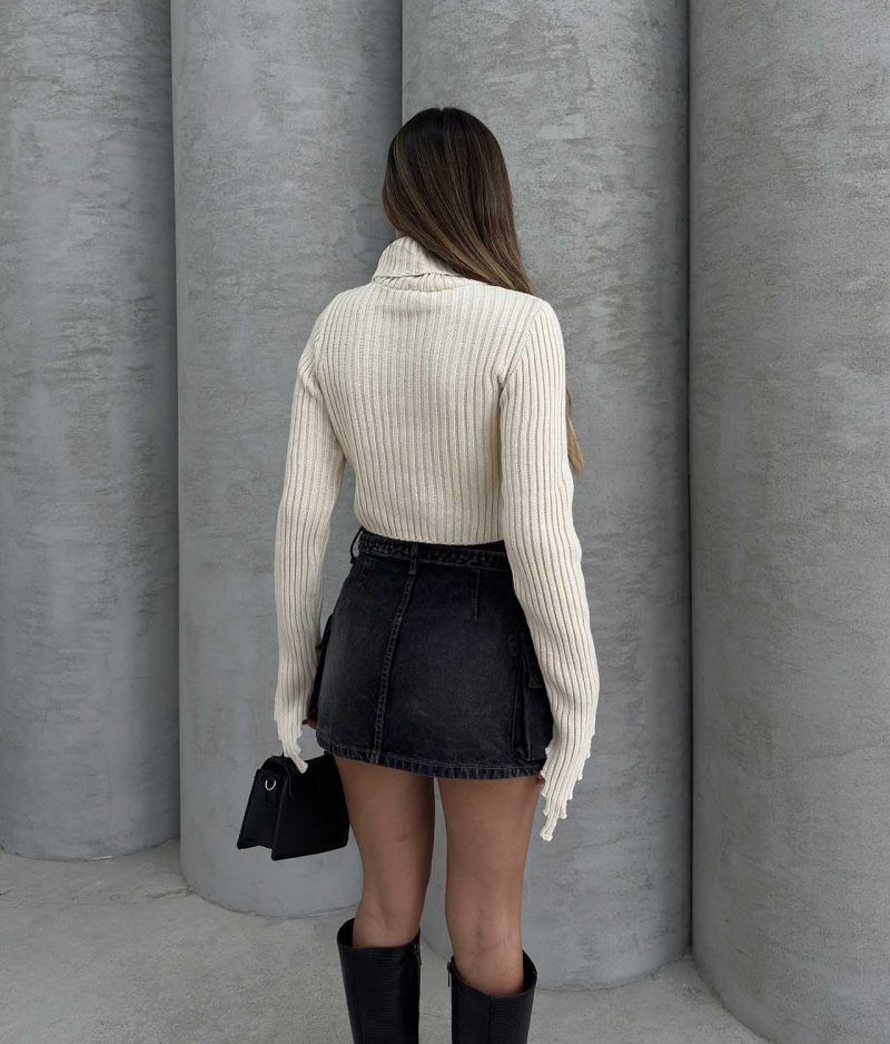 75106-High Collar Ribbed Crop Sweater - Görsel 5