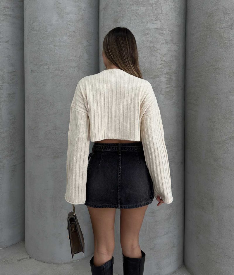 75107-Ribbed Lace-Up Crop Sweater - Görsel 5