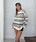 75113-Geometric Pattern Crew Neck Sweater - Long Sleeve