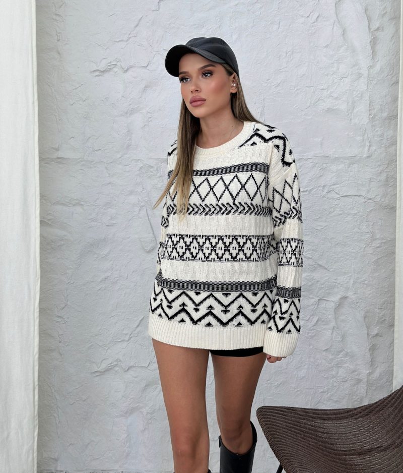 75113-Geometric Pattern Crew Neck Sweater - Long Sleeve - Görsel 3