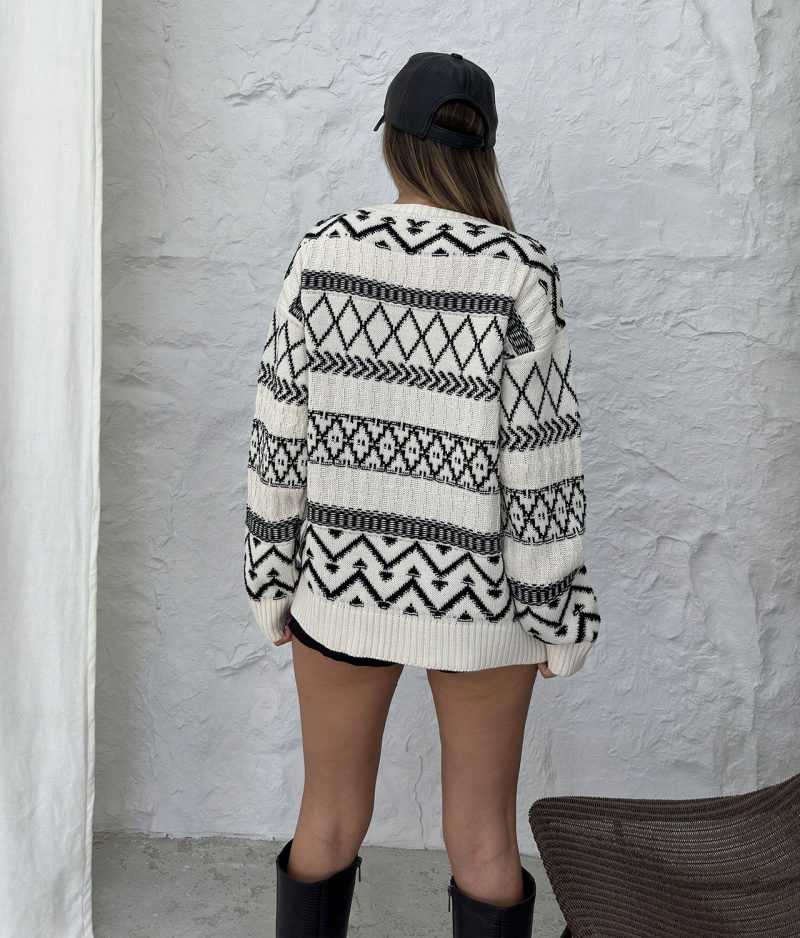 75113-Geometric Pattern Crew Neck Sweater - Long Sleeve - Görsel 4