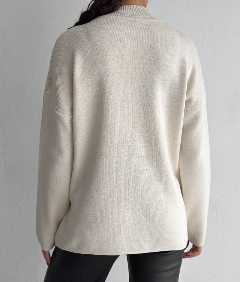 Plain Knit Sweater Wholesale - Cream Color, Mock Neck, Long