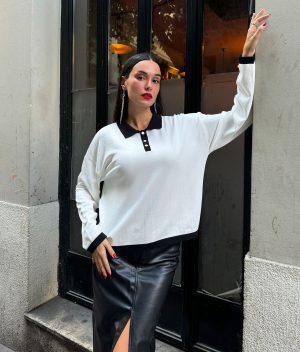 Women’s wholesale polo neck knit top long sleeve