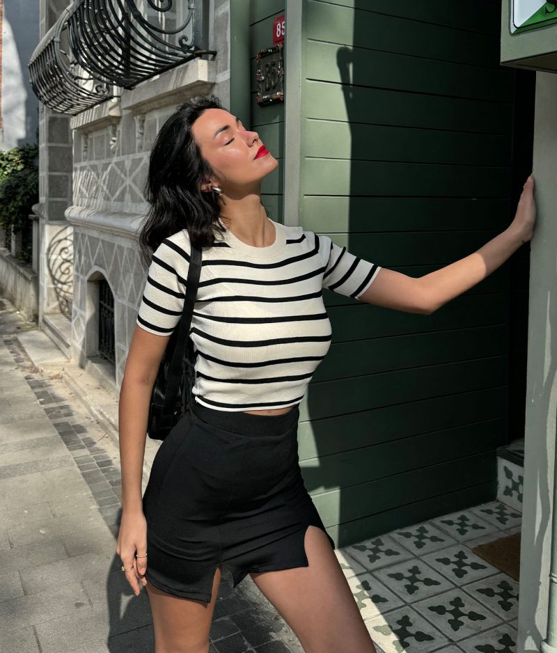 women’s knit top with stripes and crew neck