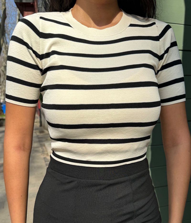 classic crew neck striped knit top side view