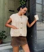 cable knit button front vest with gold buttons