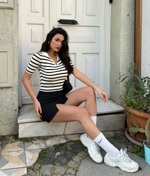 short sleeve striped v neck polo side view