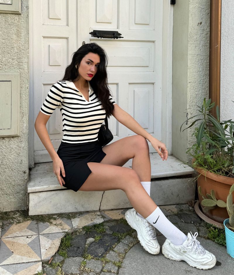 short sleeve striped v neck polo side view