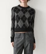 3382-Argyle Knit Sweater Crew Neck Long Sleeve front view