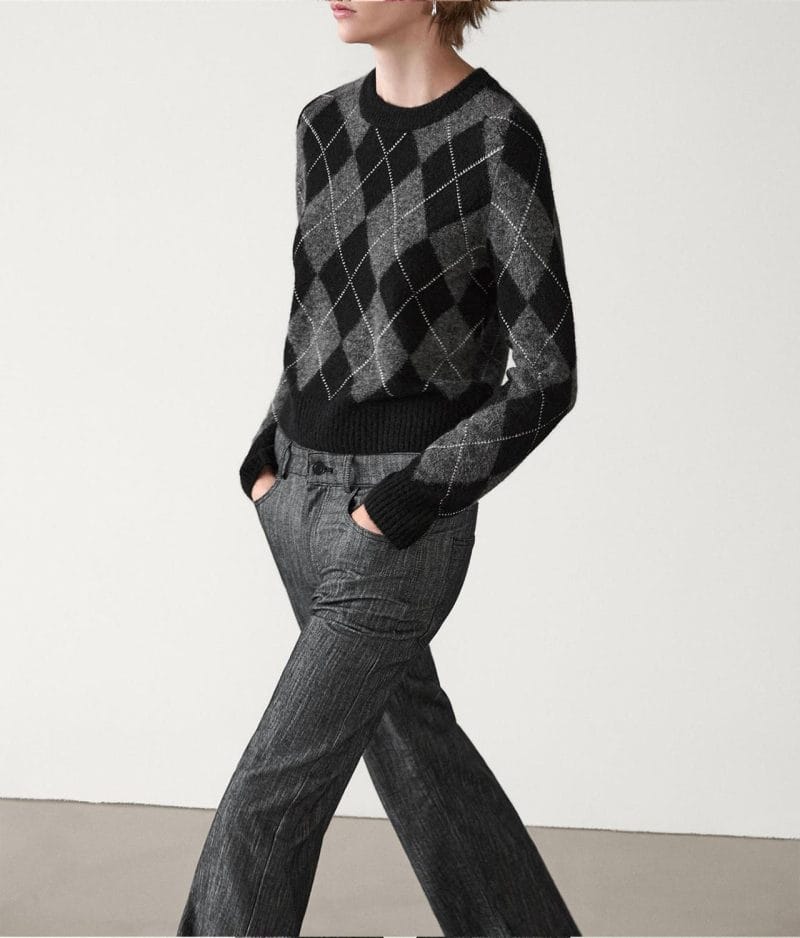3382-Argyle Knit Sweater Crew Neck Long Sleeve styled outfit