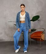 Light blue wide leg knit pants with elastic waist