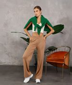 Light brown wide leg knit pants with elastic waist