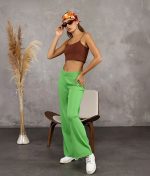 Light green wide leg knit pants with elastic waist