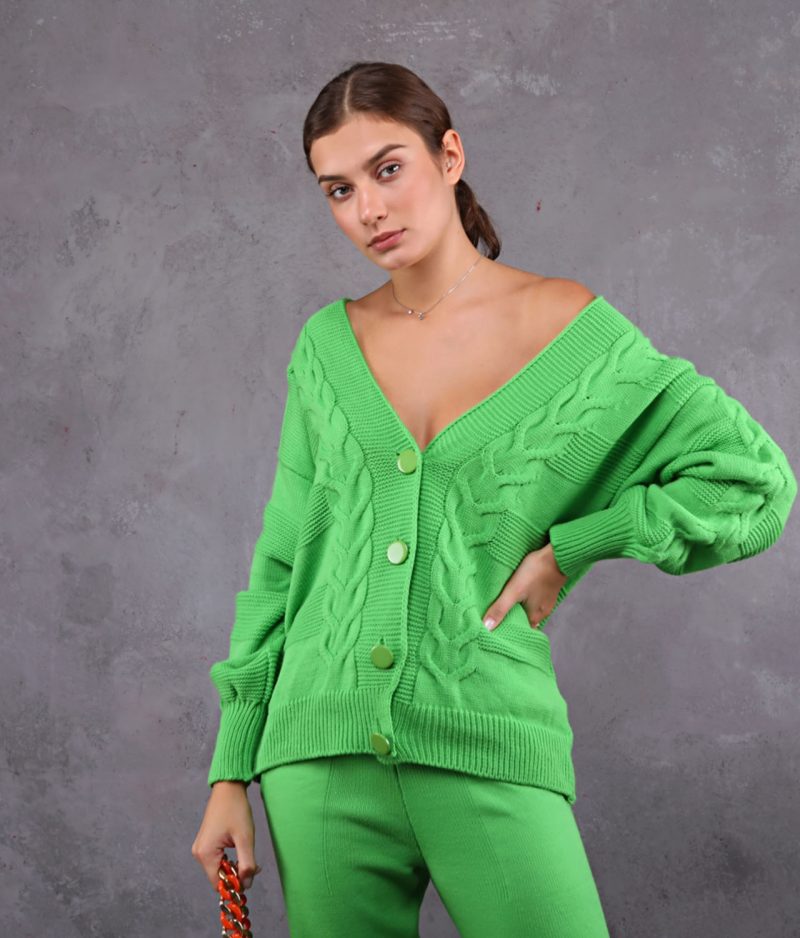 women’s v neck cable knit cardigan with buttons