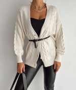 4611 Cable Knit Cardigan V Neck Long Sleeve Wholesale - Front View with Belt