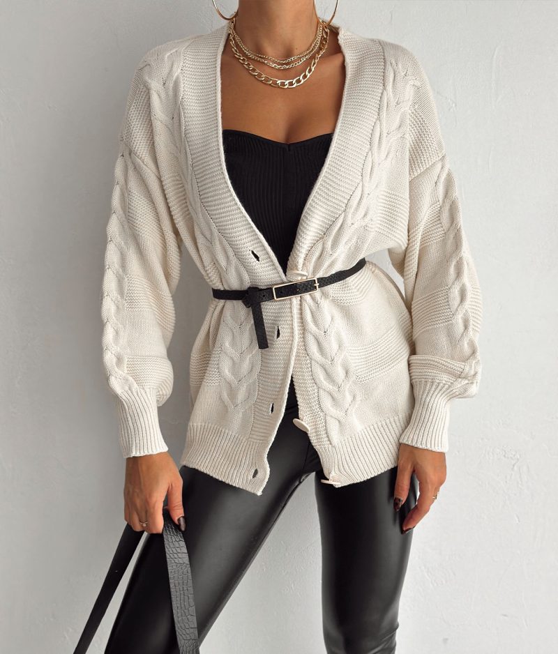 4611 Cable Knit Cardigan V Neck Long Sleeve Wholesale - Front View with Belt