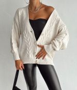 4611 Cable Knit Cardigan V Neck Long Sleeve Wholesale - Front View with Buttons