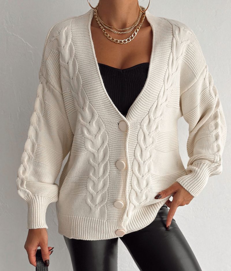 4611 Cable Knit Cardigan V Neck Long Sleeve Wholesale - Front View with Buttons