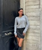 grey knit cardigan with gold buttons
