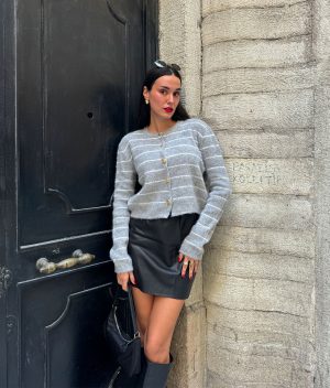 grey knit cardigan with gold buttons