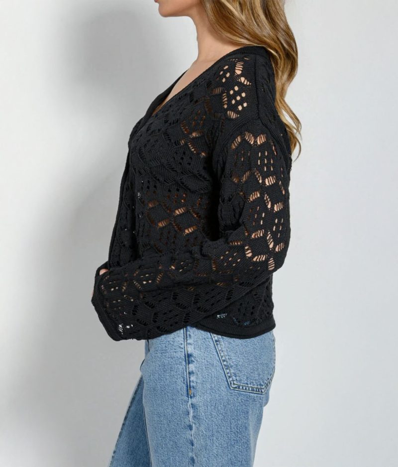 Crochet Knit Cardigan with Button Closure in white lace knit design