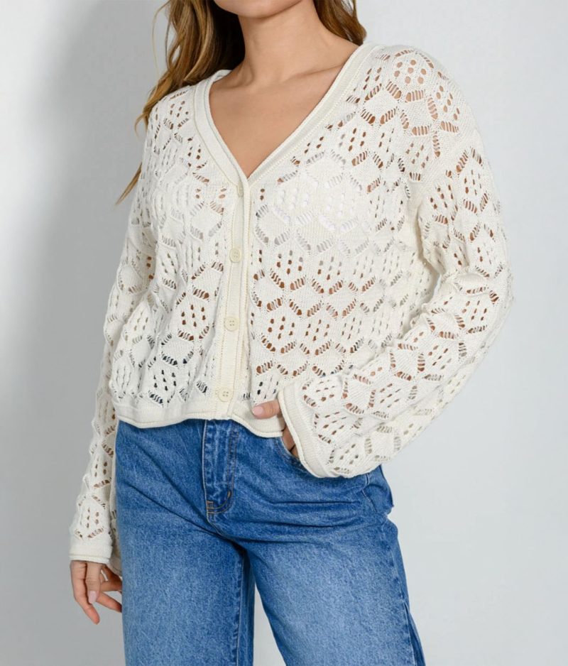 Crochet Knit Cardigan with Button Closure in black with intricate openwork pattern