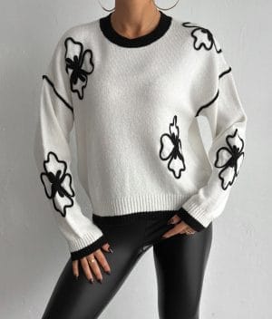 Embroidered Floral Crew Neck Sweater in White and Black for Wholesale Women's Knitwear