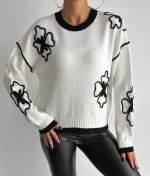Embroidered Floral Crew Neck Sweater in White and Black for Wholesale Women's Knitwear