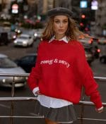 5873-SloganKnitSweater-CrewNeck-LongSleeve-Red-1 Slogan Knit Sweater flat lay showing knit texture