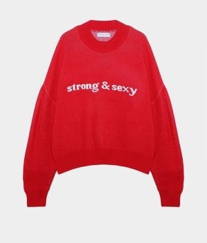 Slogan Knit Sweater front view with bold text