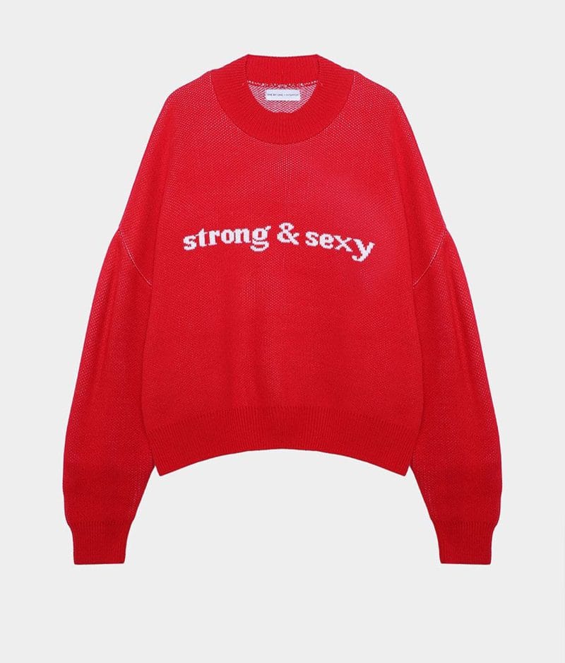 Slogan Knit Sweater front view with bold text