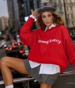 5873-SloganKnitSweater-CrewNeck-LongSleeve-Red-4 Slogan Knit Sweater styled for retail display