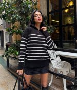 striped knit half zip sweater long sleeve black and white