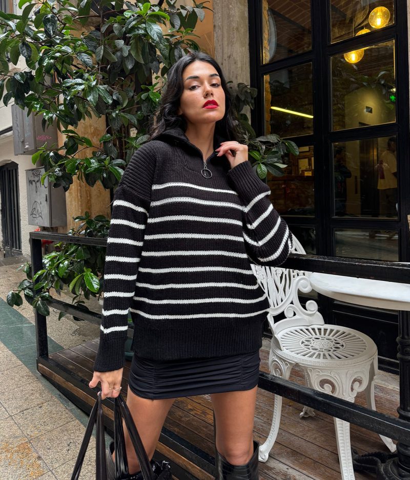 striped knit half zip sweater long sleeve black and white