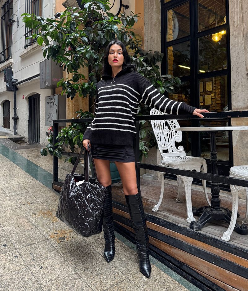 women’s black and white striped half zip sweater