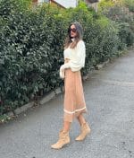 brown rib knit skirt with white stripe trim front view