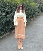 wholesale stripe trim rib knit skirt brown