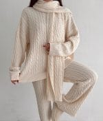 Cable Knit Three Piece Set with turtleneck sweater, pants and scarf