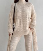 Complete cable knit outfit set shown with relaxed fit