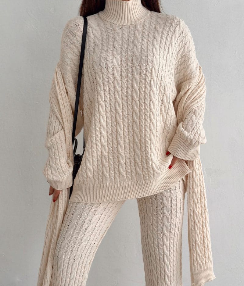 Complete cable knit outfit set shown with relaxed fit