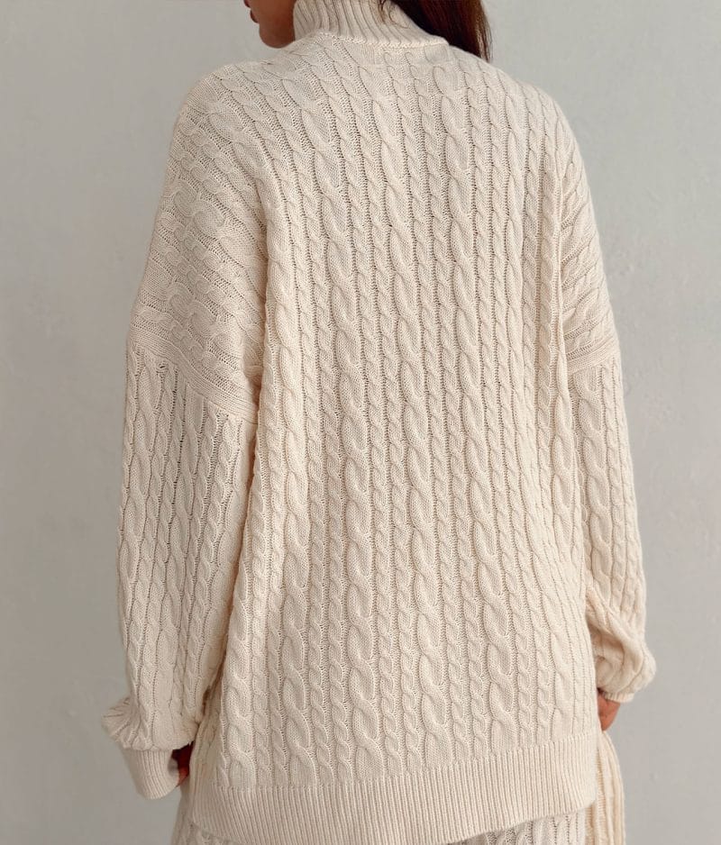 Cable Knit Three Piece Set with turtleneck sweater, pants and scarf