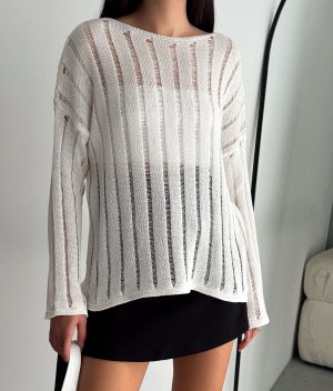 long sleeve sheer knit top in vertical stripes