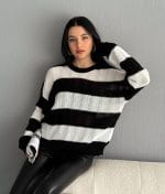 bold stripe knit sweater black and white front view