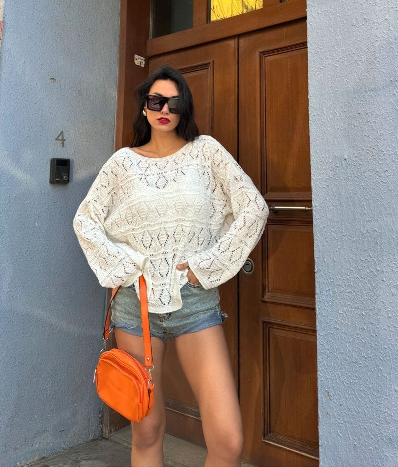 round neck lace motif sweater with airy design