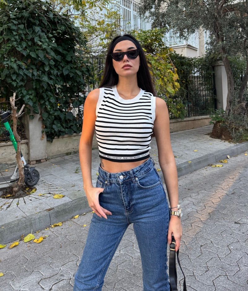 White and Black Sleeveless Knit Crop Top