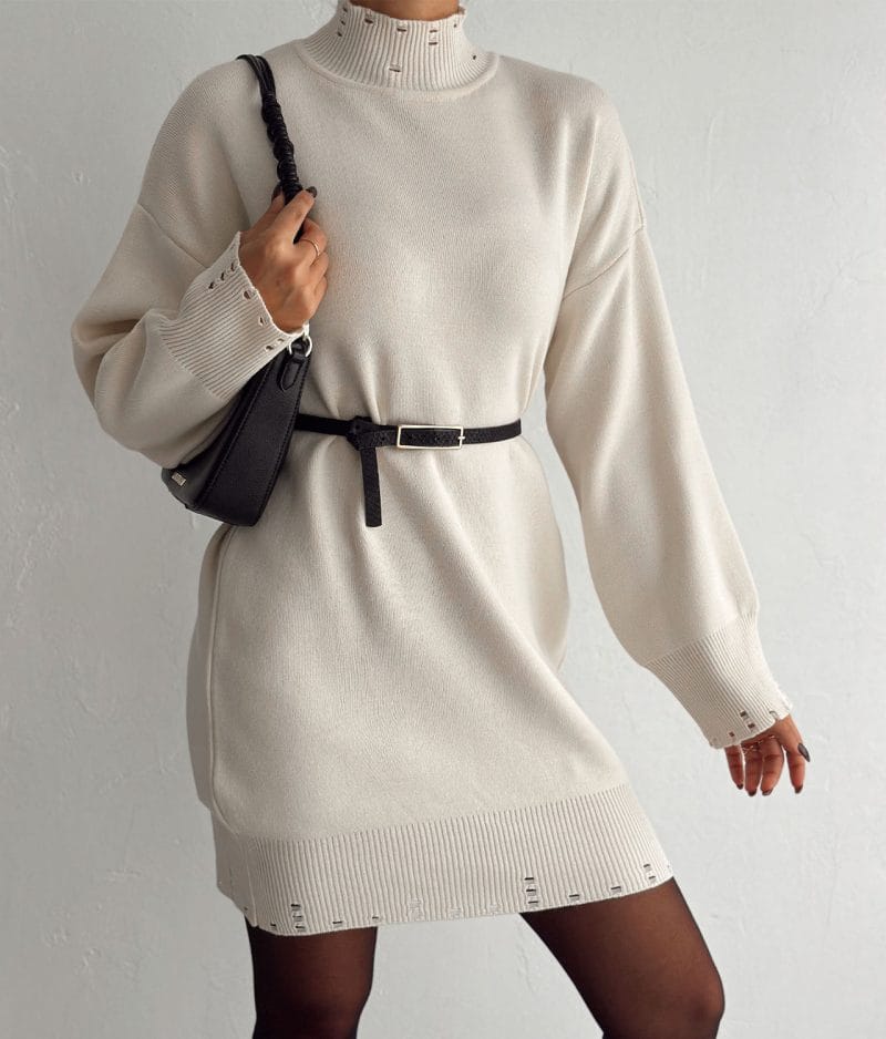 Elegant cream knit dress with embellished mock neck design