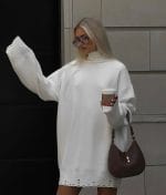 Embellished mock neck sweater knit dress with long sleeves in white