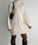 Stylish mock neck knit dress with ribbed cuffs and hem