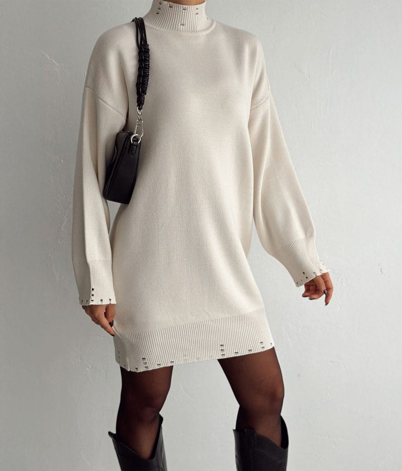 Stylish mock neck knit dress with ribbed cuffs and hem