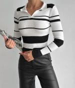 striped collared ribbed knit top black and white front view